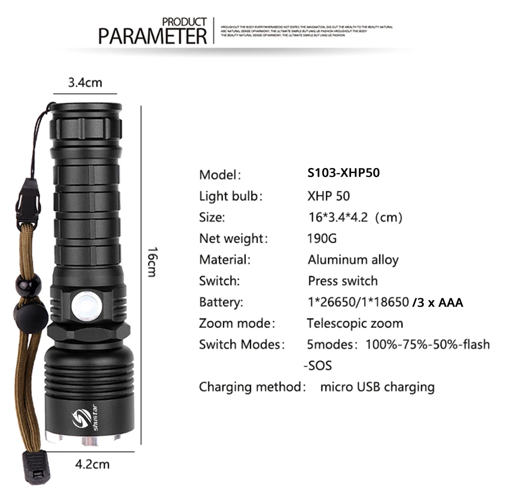 Мощный XHP70 светодиодный фонарик 50000 люмен светодиодный фонарь с поддержкой зума 5 режимов освещения, питание от 18650 или 26650 батареи для наружного использования