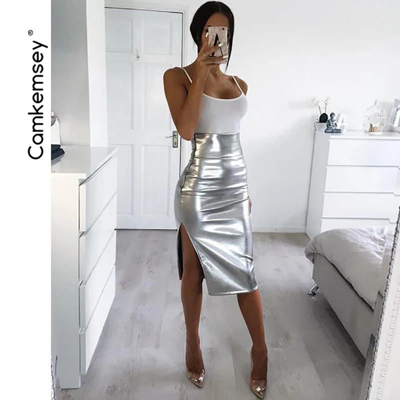 

CamKemsey Fashion Silver Street High Waist Midi Skirts For Women 2019 Ladies Party Club Elegant Split Bodycon Pencil Skirts