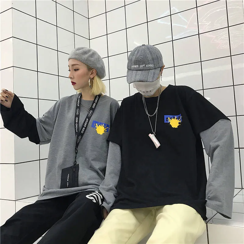 

Japan Harajuku Black Gray T-shirts Men Women Casual Hip Hop Top Tees Fake Two Piece Long Sleeve Loose Tshirt Streetwear Women