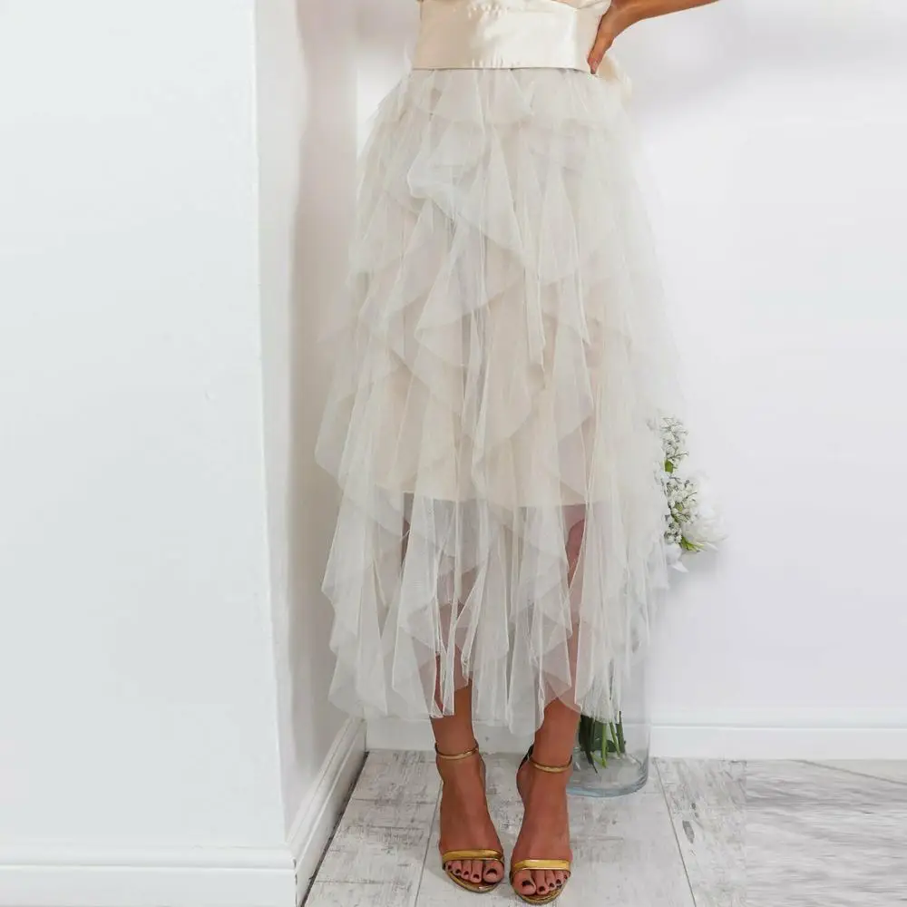 

2019 Beige Ruffles Tiered Long Tulle Skirts Zipper Custom Made Soft Tutu Skirt Female Adult Maxi Skirt Summer Tutu Saias