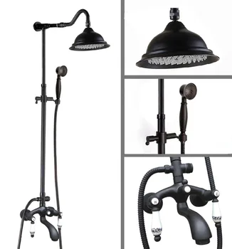 

Black Oil Rubbed Brass Dual Ceramic Handles Bathroom 8 Inch Round Rain Shower Faucet Set Bath Tub Mixer Tap Hand Shower mhg631