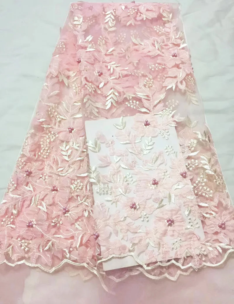 

(5yards/pc) high quality African 3d flowers lace pink French net lace fabric with laser cut embroidery beads for dress FLC870