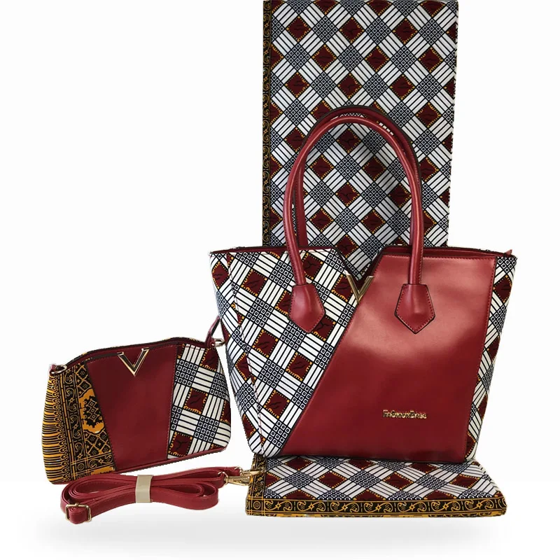 

New Elegant Wax Woman HandBag And 6 Yards Fabric Set Latest Italian Style Cotton Bag And Fabric For Sewing Clothes