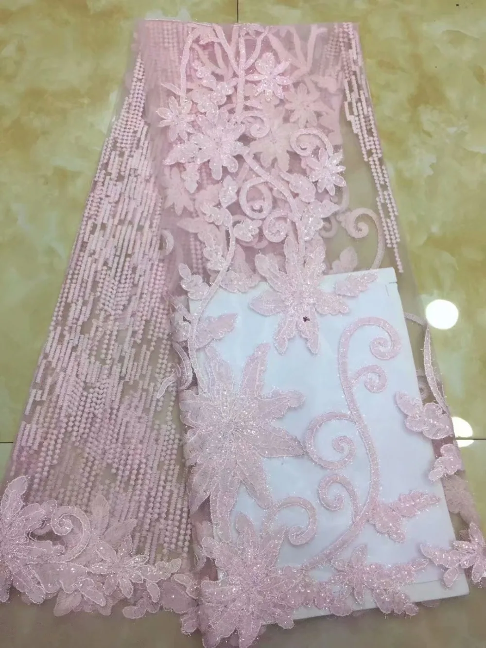 African French Lace Fabric with sequins 2019 High Quality Tulle 5yards Pink sequin lace fabric | Дом и сад