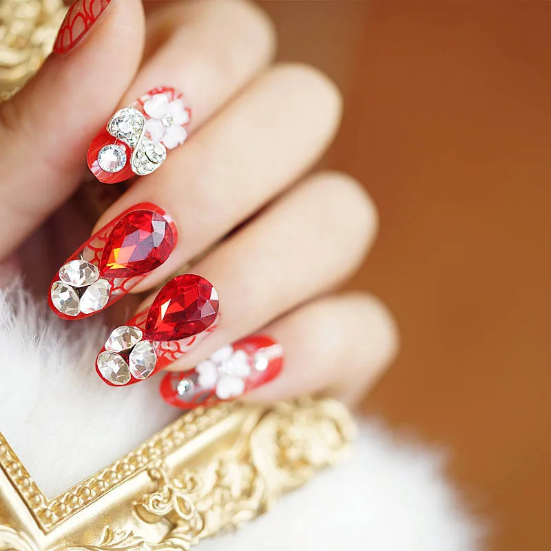 

Charming Bride Shiny Wine Red Drop Shape Crystal Long Top 24pcs Fake Nails Full Cover Artificial Press On Fake Nails Bride