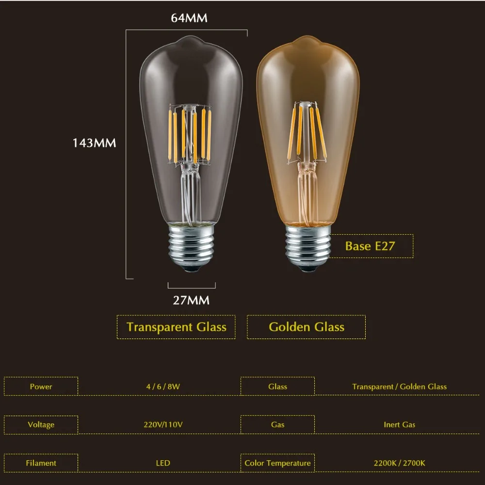 Переменный ток 220 В, винтажный диммер Эдисона, светильник E27, светодиодный, лампы ST64, теплый белый, 2200 K, 2700 K, светодиодный светильник с регулируемой яркостью, ретро светильник для украшения дома
