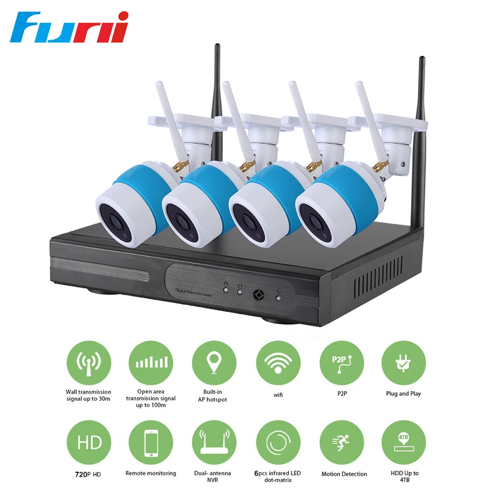 Фуни безопасности Камера Системы Wi Fi 4ch CCTV 4*720 P IP Крытый Ночное видение NVR комплект