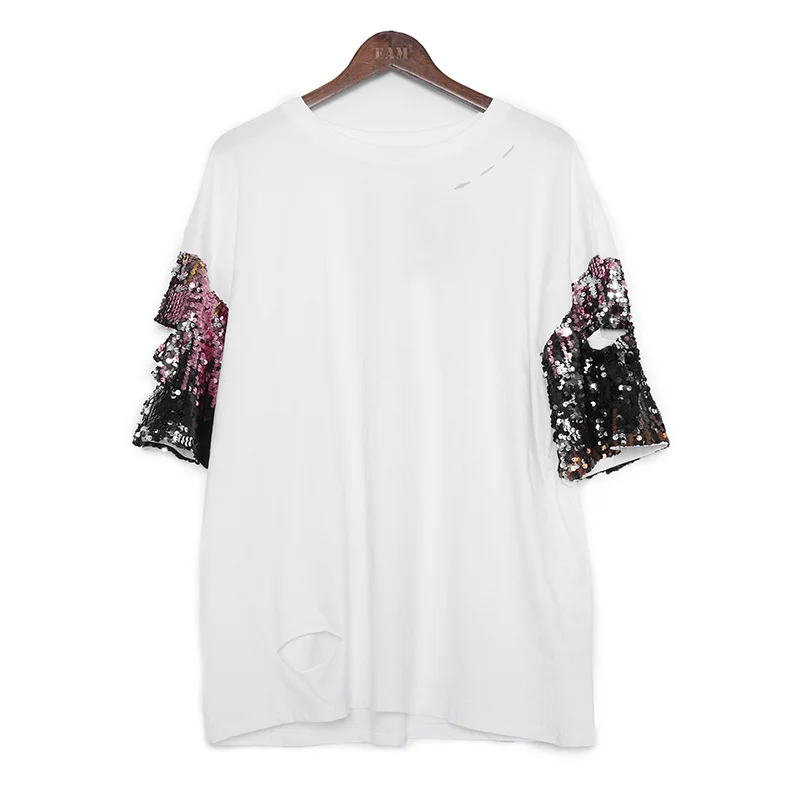 [EAM] новая весенне-летняя футболка с круглым вырезом и рукавом средней длины, с белыми отверстиями, расшитая блестками, большой размер, женская модная футболка T321 - Цвет: white