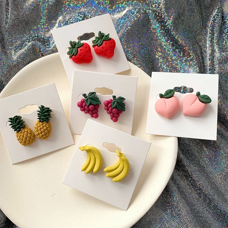 

Cute Fruit Strawberry Stud Earrings for Women Sweet Summer Korean Banana Peach Grape Pineapple Resin Ear Jewelry Party Gifts