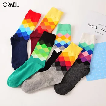 

2016 6 Colors Socks British Style Faded Diamond Socks Brand Colourful Long Cotton Wholesale Sock