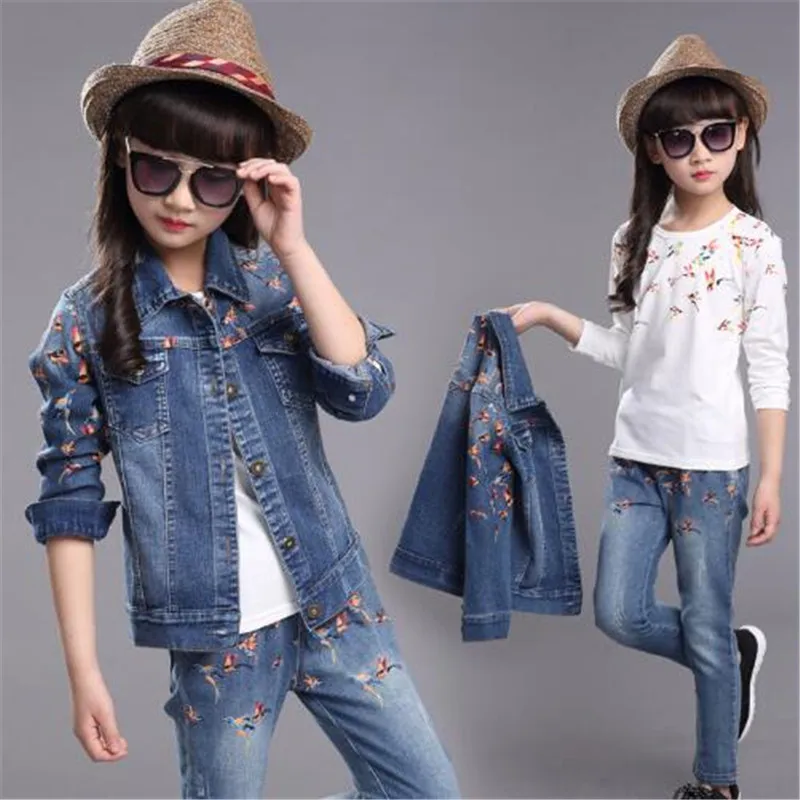 

Spring Autumn Long Sleeve Denim Jackets 2018 Girl Children Pants Outwear Buttons Set Teenager Girls Clothes Cowboy 4-15T Suits