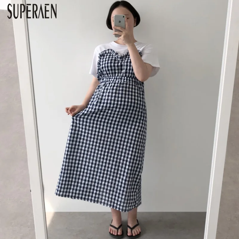 

SuperAen Korean Style Women Dress Short Sleeve Cotton Plaid Stitching Fake Two-piece Dress Female Summer New 2019 Women Clothing