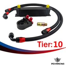 PQY- Universal 10 ROWS OIL COOLER ENGINE +AN10 Oil Filter Cooler Sandwich Plate Adapter Black+2PCS NYLON BRAIDED HOSE LINE BLACK