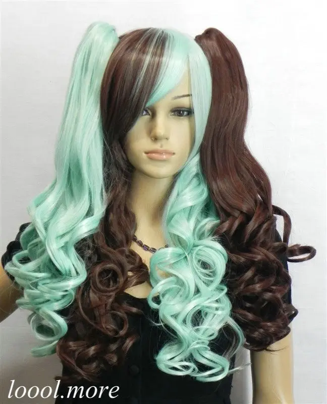 

FREE SHIP>>>New Long Wavy Dark brown + Blue Mix Split Type Cosplay Wig with 2 Ponytails ST31