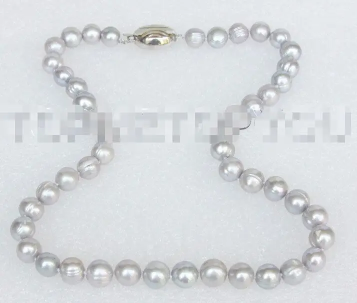 

Free Shipping >> natural 17" 10mm near round gray pearls necklace 18KGP clasp E4133