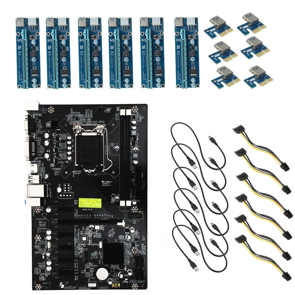 

6 GPU LGA 1150 H81BTC 6PCIE SATA Mining Motherboard + 6 Cards with Cables for ETH RIG BTC Miners S9 EM88