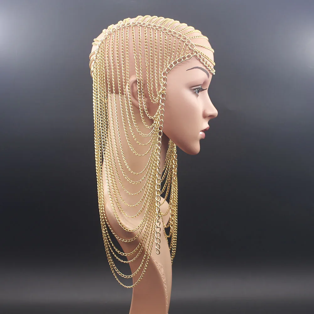 Роскошная золотая металлическая Длинная цепочка с кисточками на голову в стиле панк, украшения для волос для женщин, вечерние, свадебные аксессуары для волос, головной убор