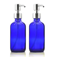 2pcs 250ml Cobalt Blue Glass Liquid Soap Dispensers Empty Stainless Steel Lotion Pump Bottle for Hand Soap Kitchen Bathroom 8 Oz