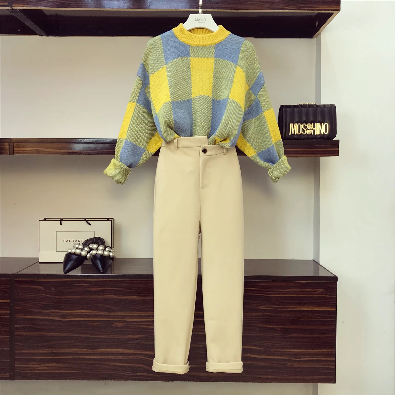 

2018 New Autumn Fashion Women's Sets Color Block Knitted Tops + Ultra Long Harem Pants Female Pants Suits Casual