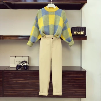 

2018 New Autumn Fashion Women's Sets Color Block Knitted Tops + Ultra Long Harem Pants Female Pants Suits Casual