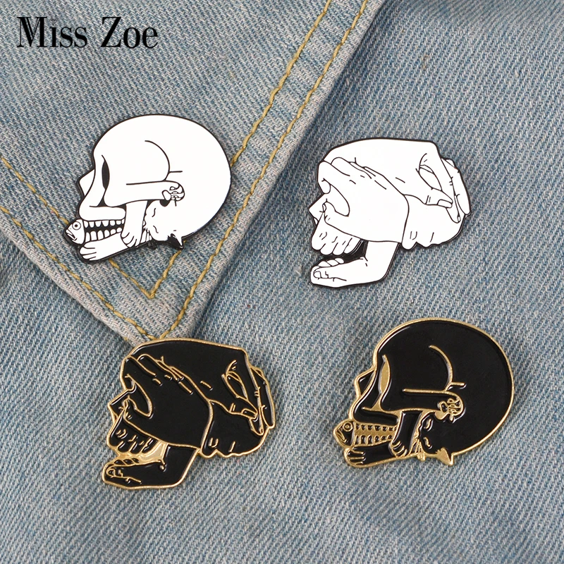 

Cat and Fish Bone Hand in hand Enamel Pin Skull Head badge brooch Lapel pin Denim Shirt bag Collar Punk Jewelry Gift for Friends