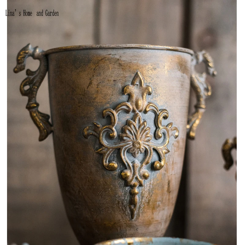 classic European small handmade golden antique rustic metal vase (3)