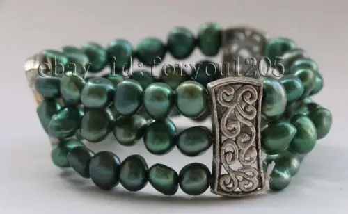 

FREE SHIPPING HOT sell new Style >>>>8" Genuine 3rows Natural 7x9mm Green Baroque Pearl Bracelet #f2328