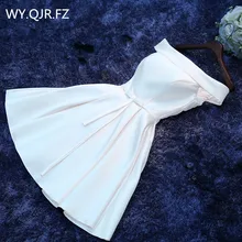 HJZY69# вырез лодочкой Белый на шнуровке короткое саржа сатин ткань платья подружек невесты Свадебная вечеринка тост платье Пром
