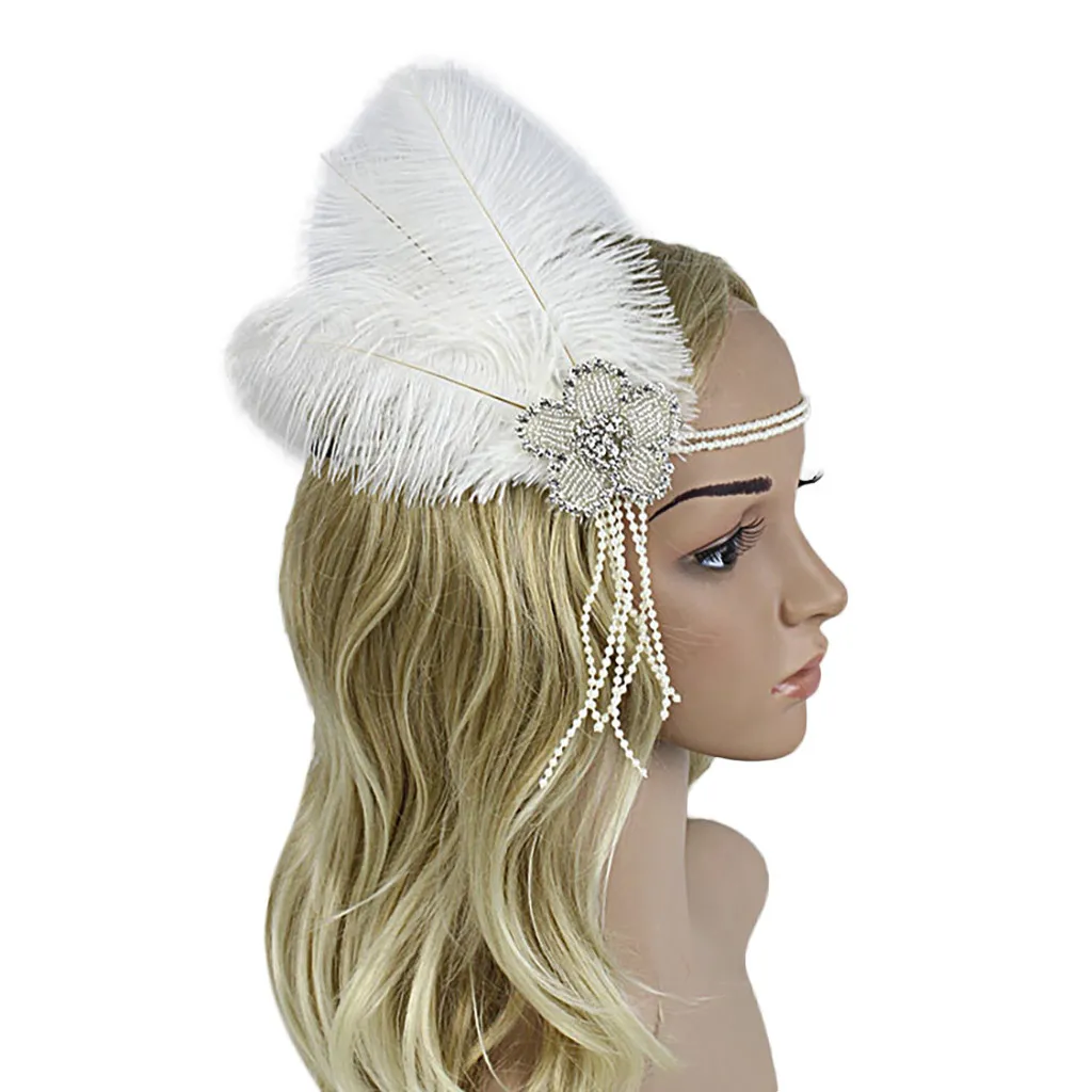 Винтажная головная повязка с перьями, 1920 s, аксессуары с кристаллами и бусинами, свадебный головной убор, аксессуары для волос, головной убор Great Gatsby