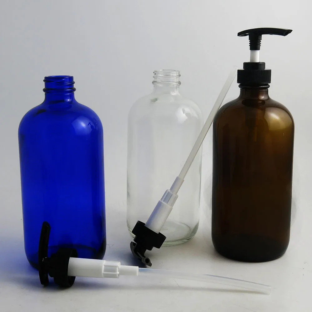 Download 100 x 480ml Large Refillable Amber Boston Round Glass Bottles with Black Lotion Pump 16 OZ Glass ...