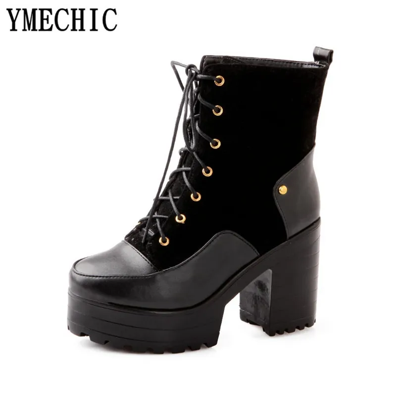 YMECHIC/ г.; винтажная женская уличная обувь на высоком каблуке со шнуровкой в готическом стиле; женские ботильоны в байкерском стиле в стиле панк-рок; сезон осень-зима - Цвет: Черный