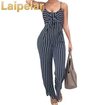 

Elegant Striped Sexy Spaghetti Strap Rompers Womens Jumpsuit Sleeveless BacklessBow Casual Wide legs Jumpsuits Leotard Overalls