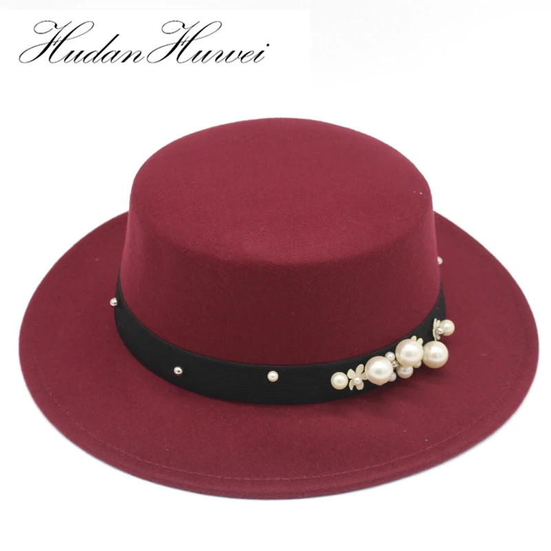 High Quality Wool Flat Top Fedora Hats for Women Black Wide Brim with