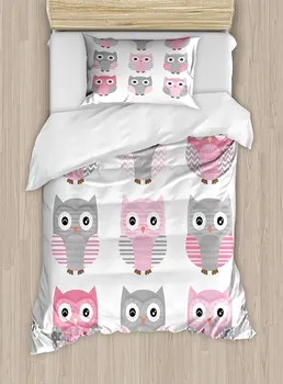 

Pink and Grey Duvet Cover Set Cute Owl Figures Nocturnal Exotic Mystic Forest Night Animals Illustration Decorative Bedding Set