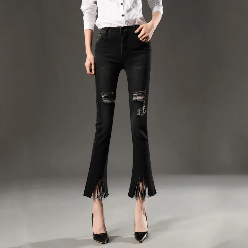 

The spring version of the denimLama nine points pants high waist, thin elastic fashion washed holes 522