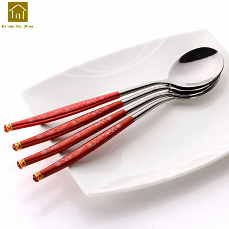 Luxury Dinnerware Long Stainless Steel Round Spoon Set Round Soup Kitchen Spoons Set Metal Colher Sobremesa Tableware WKI060