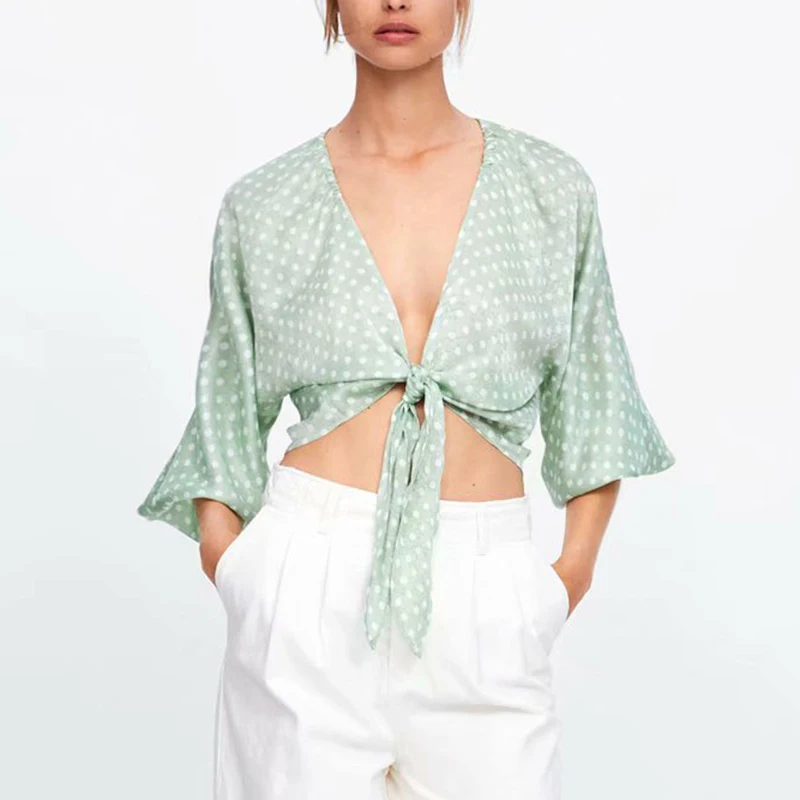 

Women style dot print blouse bow tie Three Quarter sleeve sweet shirts casual female green 2019 summer blusas tops