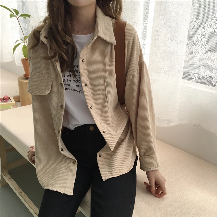 2 colors spring and autumn Loose Shirts Korean Solid Blouse Long Sleeve Corduroy blouses Women Tops outwear coats C6016