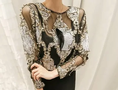 women crystal Sequins embroidery Blouse lace Geometric Heavy beads Shirts sexy blusas camisa 2019 Party Clubs Hollow Tops