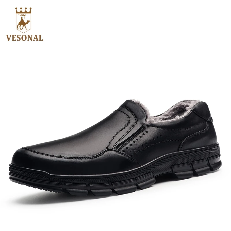 

VESONAL Winter Fur Male Shoes For Men Loafers Adult Business Casual Brand High Quality Genuine Leather Footwear Man Walking