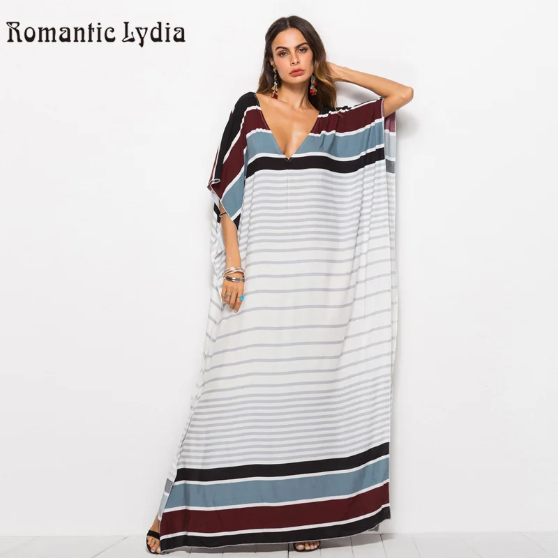 

Women Large Size Kaftan Bohemian Loose Robe Femme Dresses Striped Beach Long Maxi Dress 2019 Summer