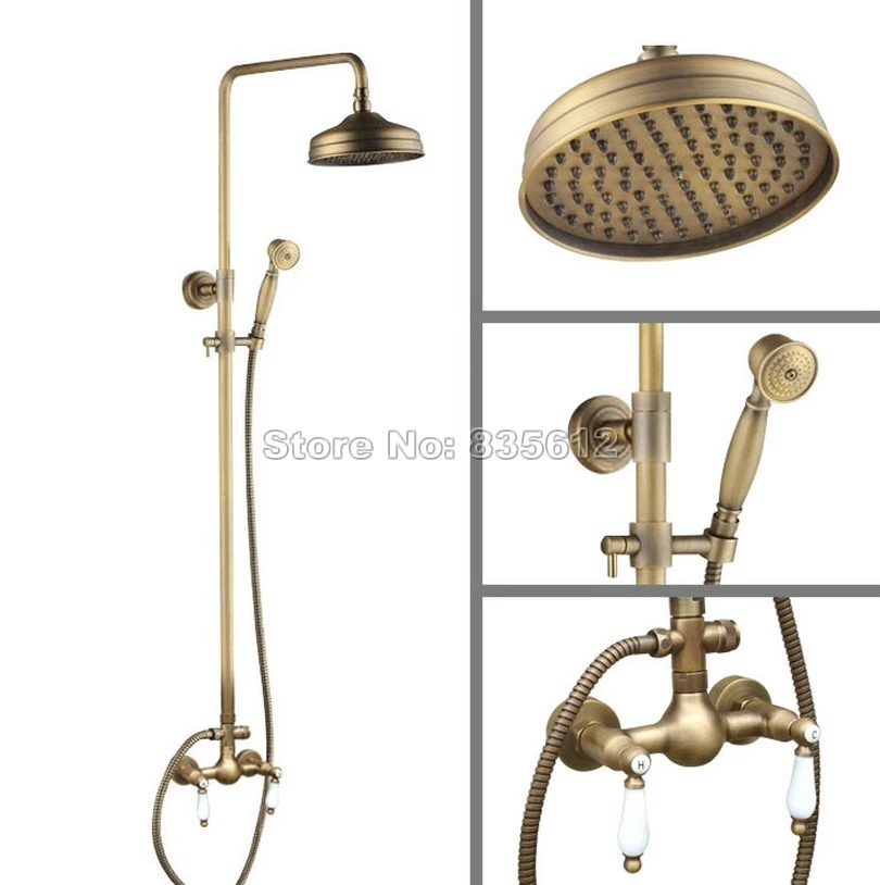 Goedkoop Wandmontage Antieke Messing Badkamer 8 inch Regendouche Dual Keramische Handvat Regen Douchekraan Set Mengkraan Wan112