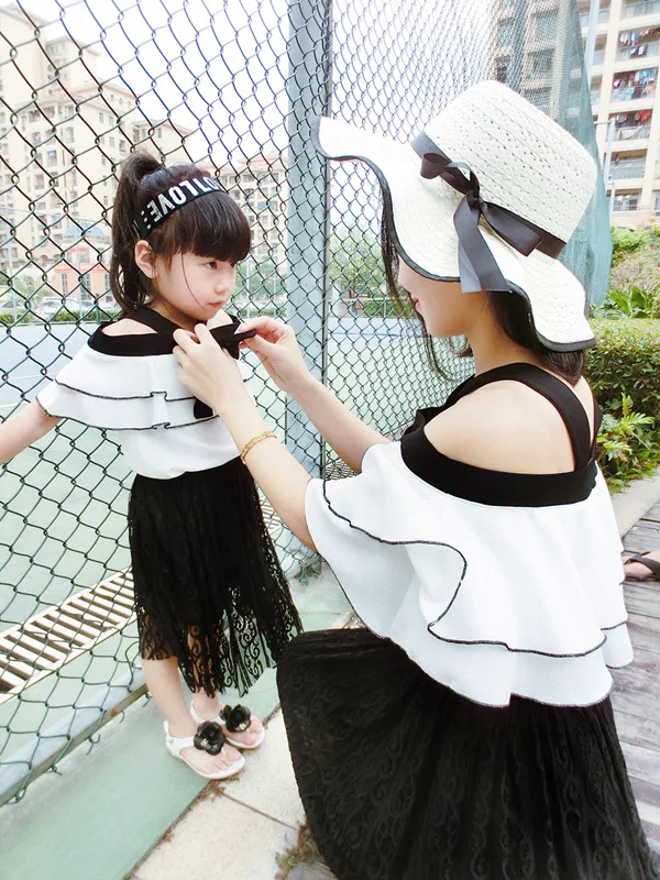 Mother and Daughter Clothes Summer White Chiffon Blouse Top & Black Lace Skirt 2 Pcs Clothing Set Mom Daughter Matching Outfits Mother and Daughter Clothes Summer White Chiffon Blouse Top & Black Lace Skirt 2 Pcs Clothing Set Mom Daughter Matching Outfits