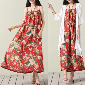 

New Women Ethnic Floral Print Sleeveless Round Neck Strappy Summer Long Maxi Dress