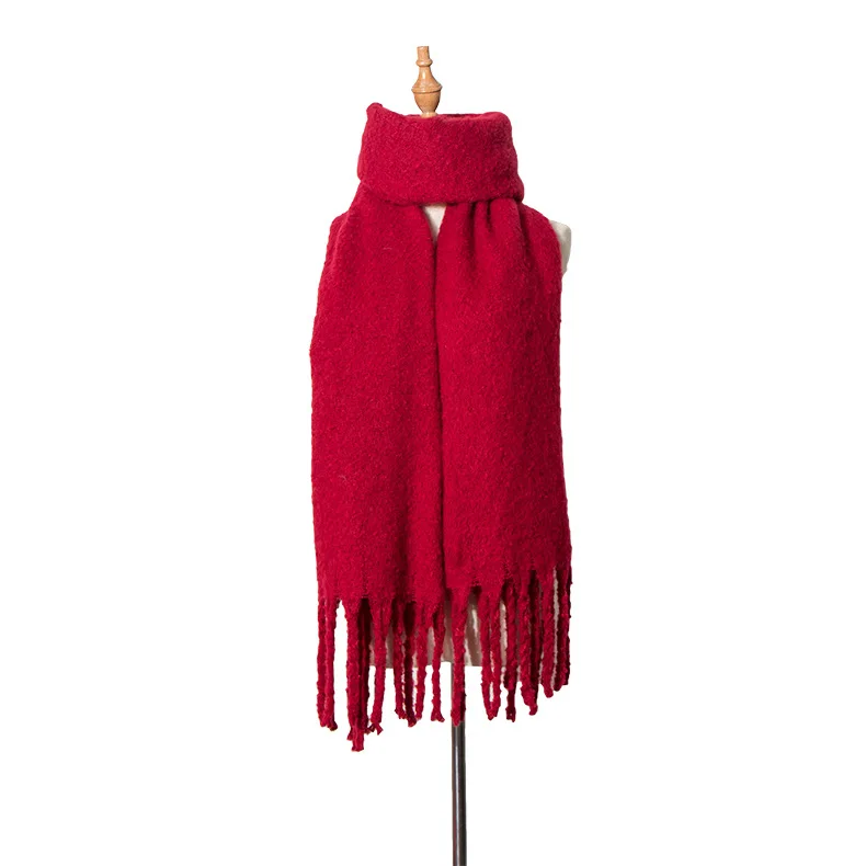 Новинка, зимний кашемировый шарф для женщин, Одноцветный, большой, теплый, толстый, длинный, с кисточками, шали, обертывания для женщин, синий, красный, черный, одеяло из пашмины - Цвет: red