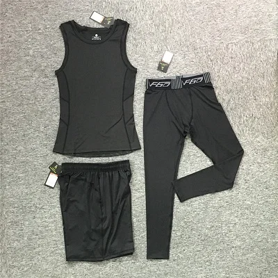 LIEXING одежда летние бегущие наборы мужчин спортивный костюм компрессионная рубашка шорты мужской бег тренажерный зал тренировочный спортивный костюм 3 шт 60 - Цвет: BLACK