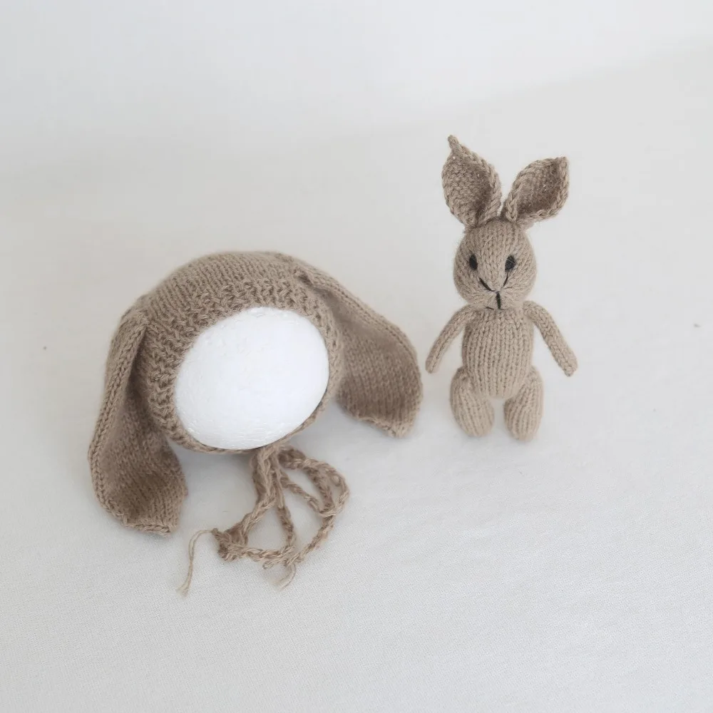 

Fluffy Bunny Toy and Hat Set Newborn Photography props Knit Fuzzy Teddy Bunny Bonnet Crochet Stuffed Animal Rabbit Doll Hat