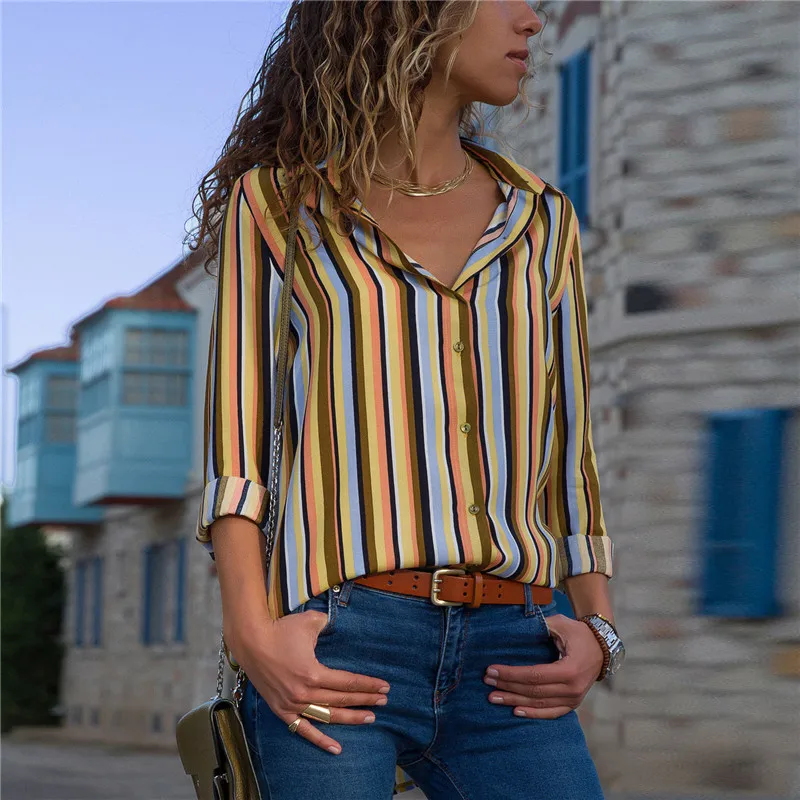 

Striped Turn-Down Chiffon Women Tops And Blouses Spring Casual Long Sleeve Button Business Office Ladies Shirts Plus Size Tunic