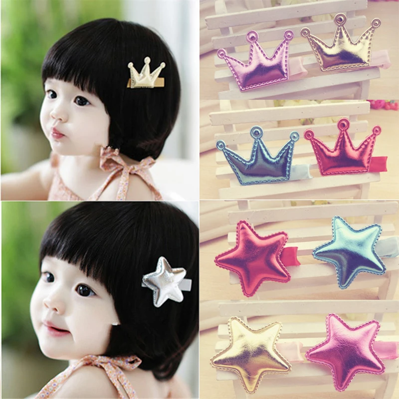 

New Style Korean Leather Shiny Star Crown Hair Accessories For Girls Heart Princess Crown Hairpins Barrettes Hair Clip Wholesale