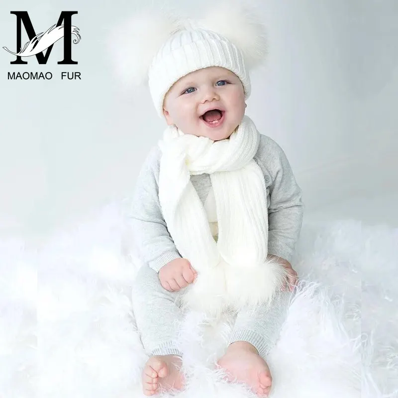 Winter Real Fur Scarf and Hat Set Kids Big Real Raccoon Fur Balls Hat Double Pom Pom Beanies Children Girls Warm Scarf Cap